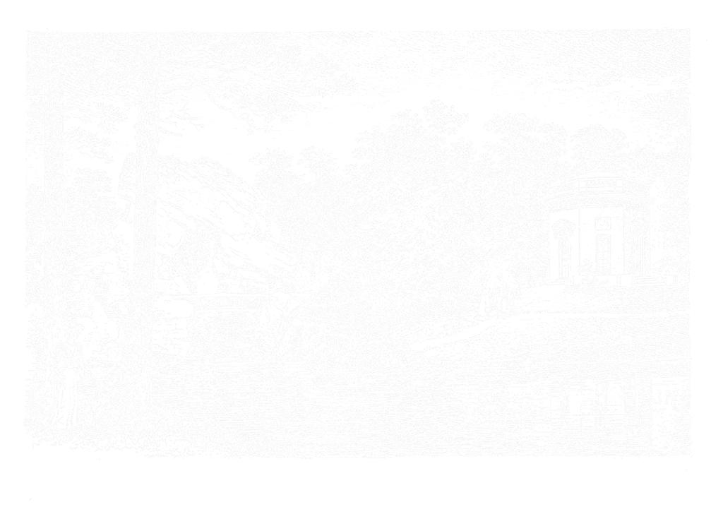 Gravure romantique du Pavillon de musique et du pont des rochers au Petit Trianon, par A. Touchemolin, Versailles, Yvelines, région Île-de-France