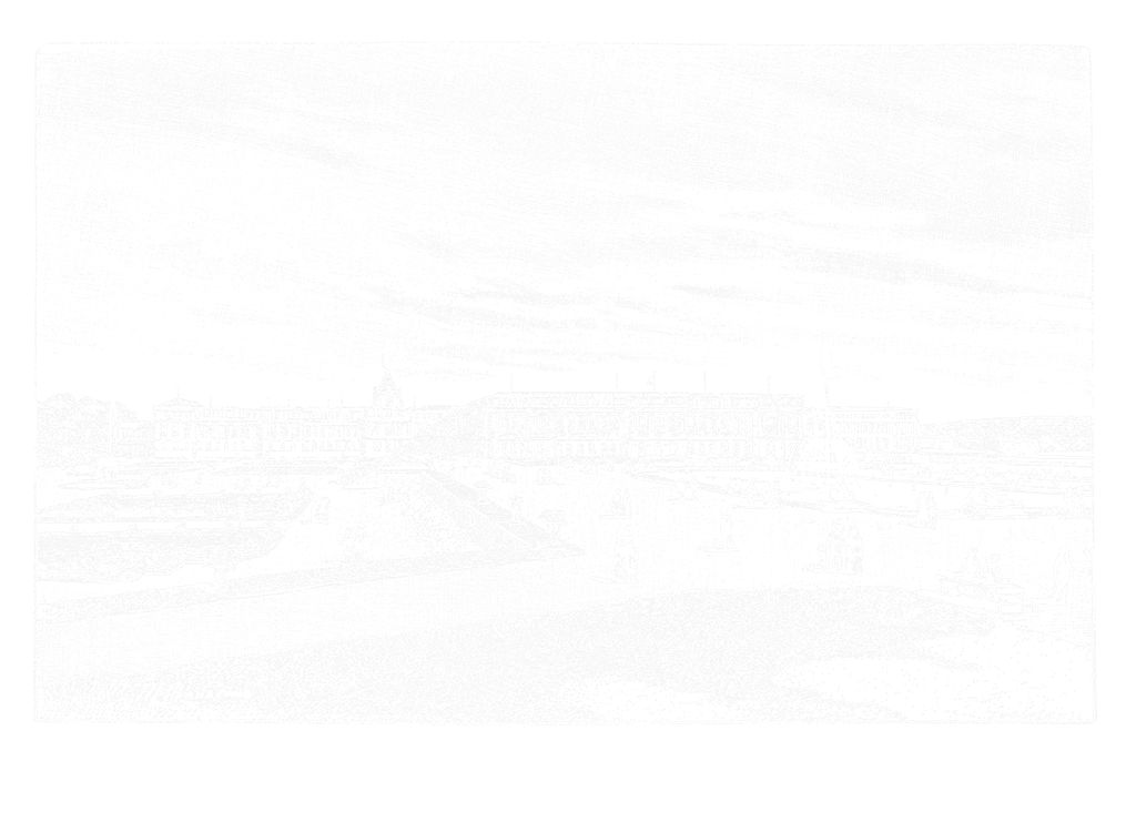 Gravure historique offrant une vue panoramique de la façade du palais de Versailles depuis les jardins, par F. Hoffbauer, Yvelines, région Île-de-France